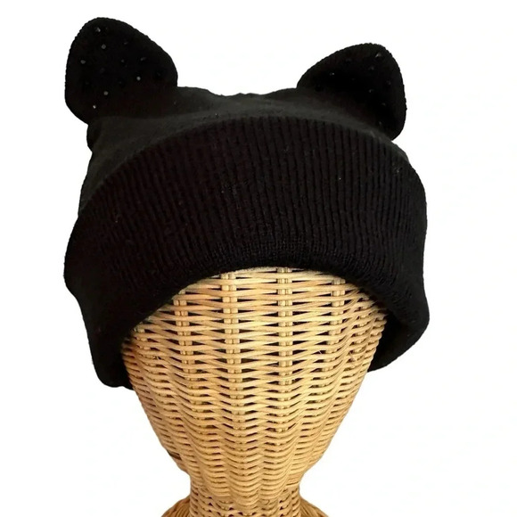 Pugs Cat Ear Black Knit Beanie Hat With Sparkles Ears Size O/S - Picture 1 of 6